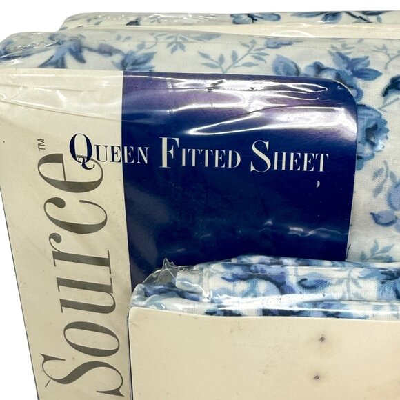 Springs Springmaid Bluebirds Queen Flat Fitted Pillowcases Blue Floral 50/50 Set - Picture 5 of 7